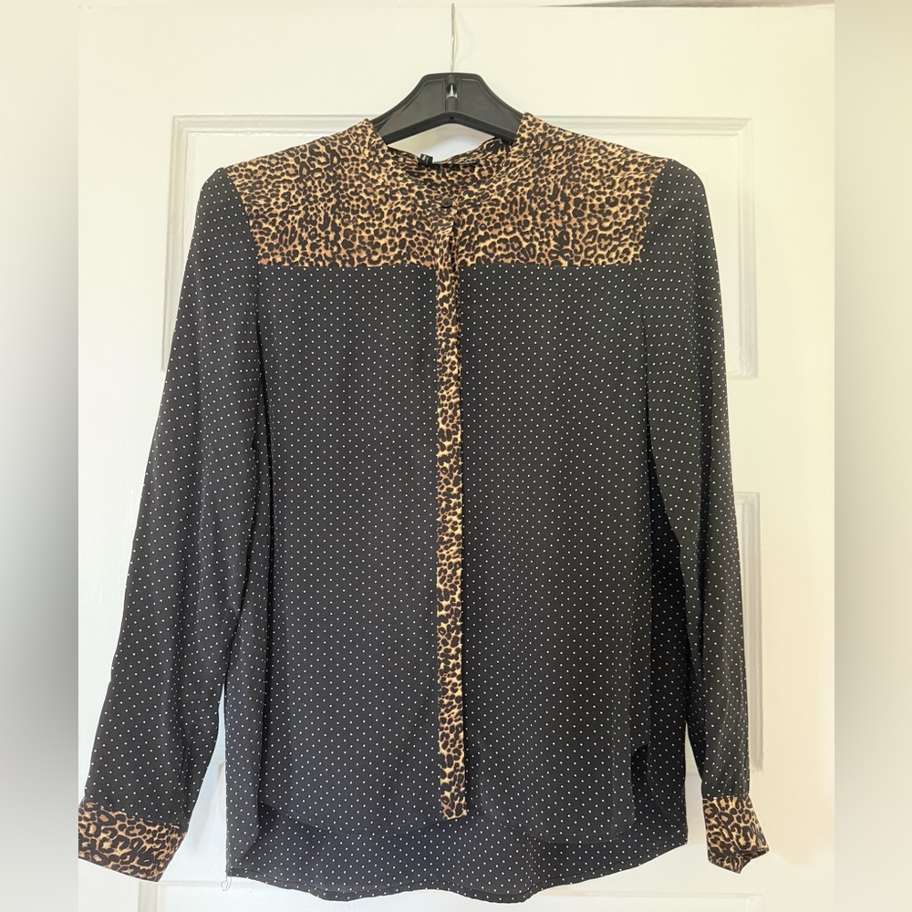 The Kooples Black Polka Dot Silk Blouse with Leopard Trim Size Small